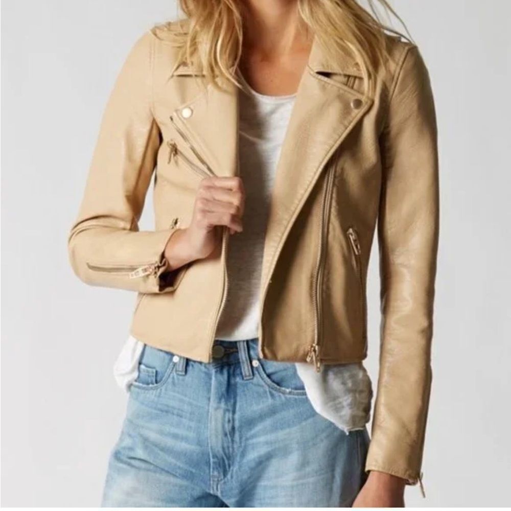 BlankNYC Tan Vegan Leather Multi Pocket Side Zip Moto Jacket